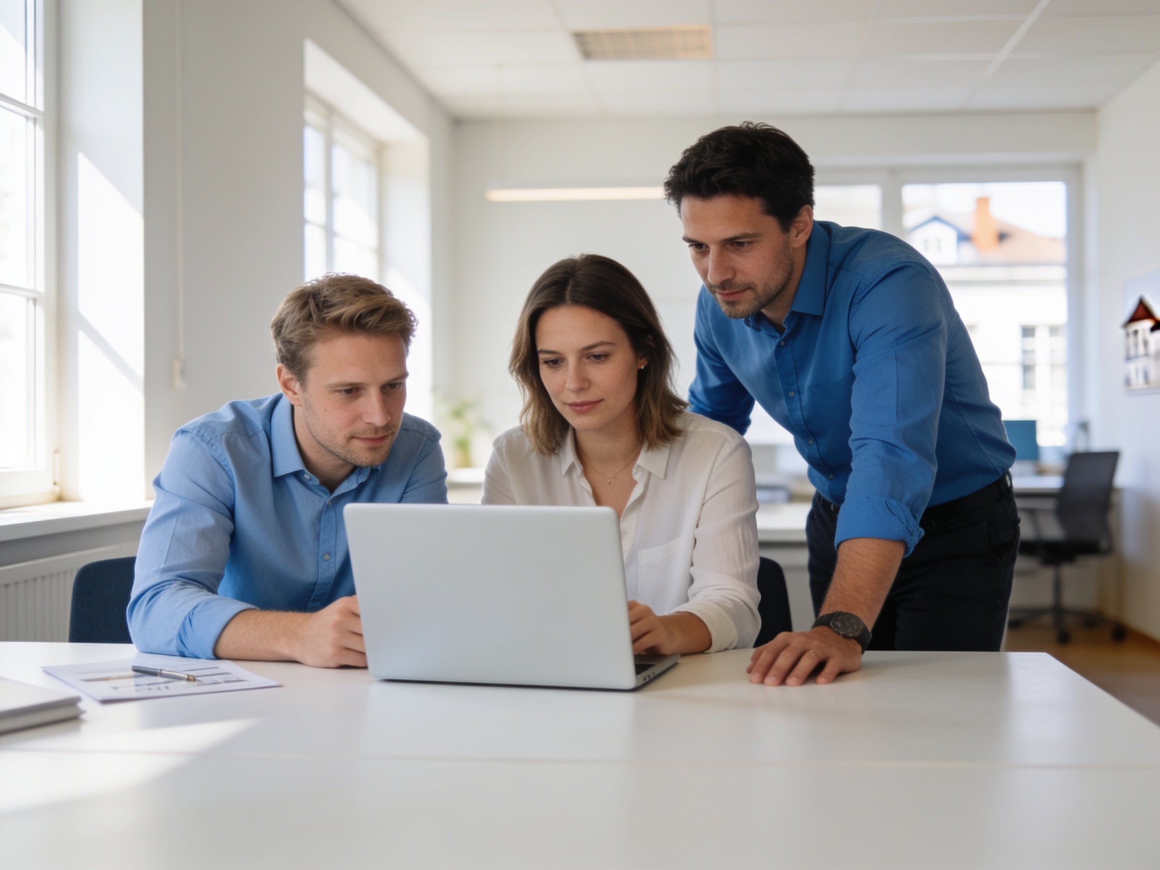 Dreiköpfiges Makler-Team arbeitet gemeinsam am Laptop in einem hellen Büro