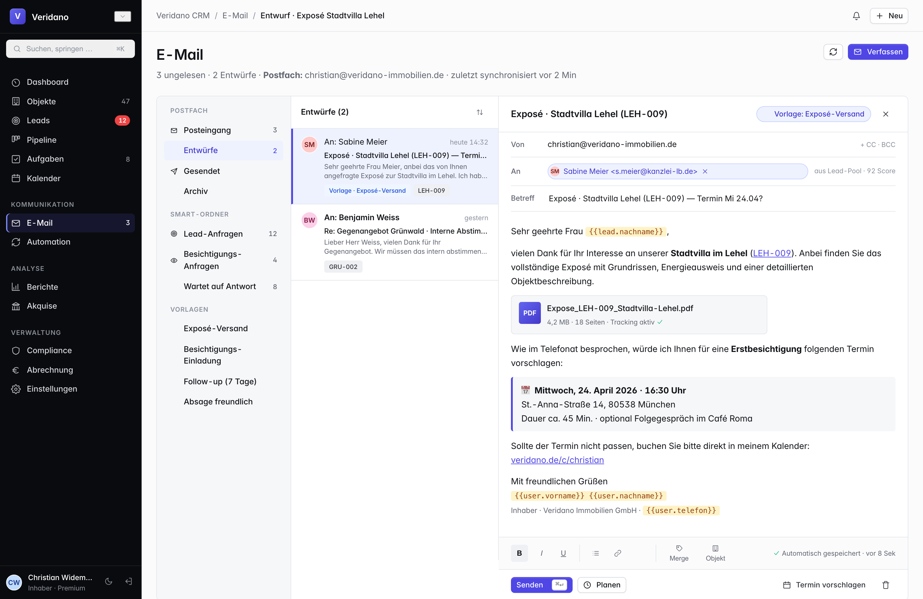 E-Mail- und Exposé-Editor mit Vorlagen, Platzhaltern und Anhängen